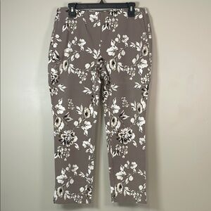 J.JILL Floral Print Pull-On Pants Sz 10 Taupe Neutral Stretch Ankle‎ Trousers